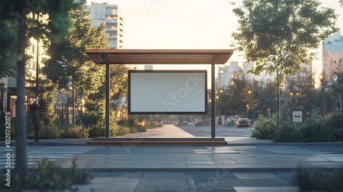 Urban bus stop shelter with a blank advertisement panel, framed by a city street background and natural lighting, highlighting architectural details in a photorealistic render with muted tones.