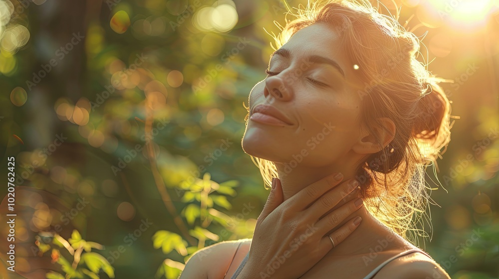 A woman, seen from the side, engages in zen meditation outdoors. Embracing a natural, healthy lifestyle, she holds her chest with her hands, eyes closed, and face lifted towards the sky. A woman, seen from the side, engages in zen meditation outdoors. Embracing a natural, healthy lifestyle, she holds her chest with her hands, eyes closed, and face lifted towards the sky.