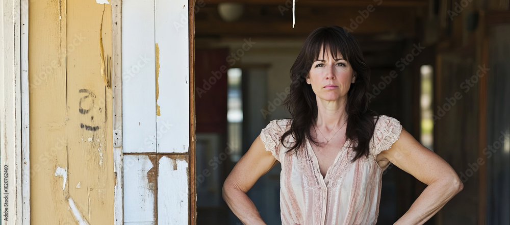 Woman Business Owner Outside Closed Store with Serious Expression Woman Business Owner Outside Closed Store with Serious Expression