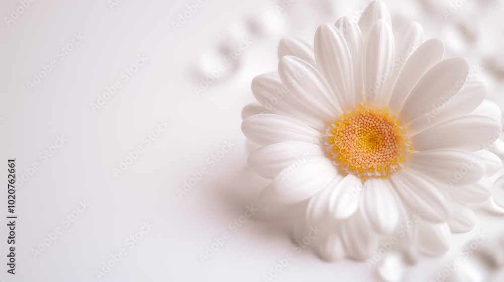 A pristine white daisy lies gracefully on a smooth white surface, its bright yellow heart radiating calmness and beauty, inviting a sense of peace and simplicity A pristine white daisy lies gracefully on a smooth white surface, its bright yellow heart radiating calmness and beauty, inviting a sense of peace and simplicity