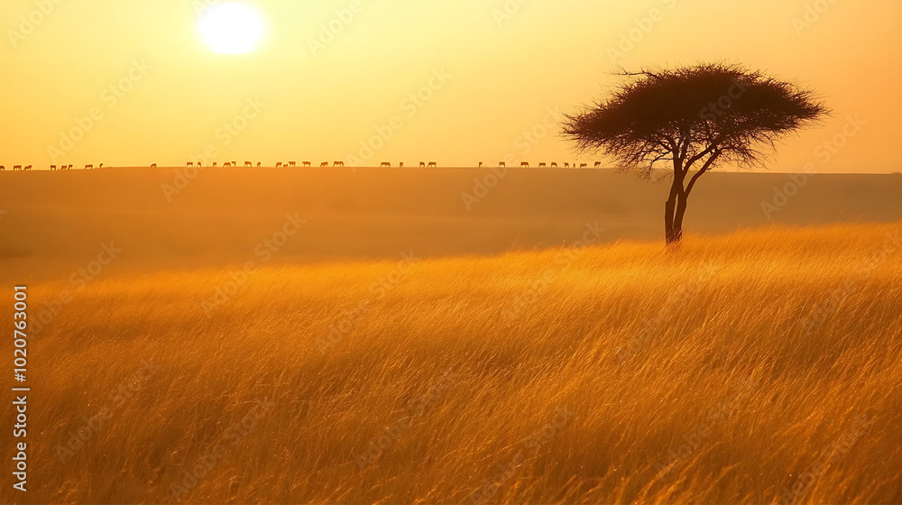 Obraz premium A vast savannah landscape at sunset, with tall golden grass, a lone acacia tree, and the silhouettes of animals in the distance