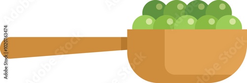 Simple wooden spoon is holding a heaping portion of fresh green peas, representing healthy eating and a nutritious lifestyle