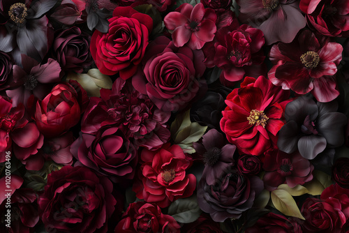 Fototapeta Naklejka Na Ścianę i Meble -  Wallpaper of burgundy and maroon roses and peonies, dark moody colors, dark fantasy, lush floral background,