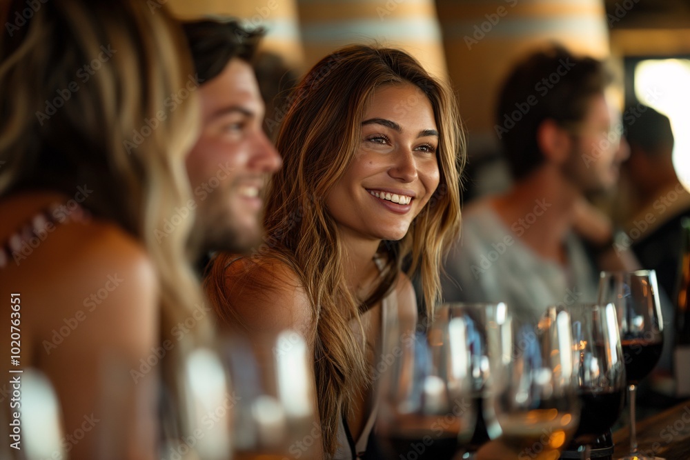 A group of friends gathers at a unique bar, sharing laughter and engaging in cheerful conversation while enjoying wine and cocktails. The warm ambiance creates a joyful atmosphere A group of friends gathers at a unique bar, sharing laughter and engaging in cheerful conversation while enjoying wine and cocktails. The warm ambiance creates a joyful atmosphere