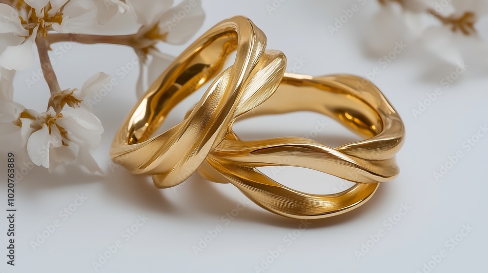 Elegant Gold Wedding Rings with Unique Twist Design and Floral Background Elegant Gold Wedding Rings with Unique Twist Design and Floral Background