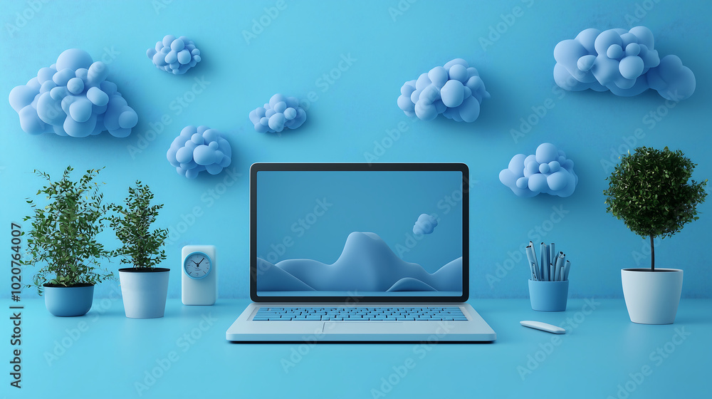 laptop with a blue mountain and cloud wallpaper sits on a blue desk surrounded by blue clouds green plants a clock and a pencil holder laptop with a blue mountain and cloud wallpaper sits on a blue desk surrounded by blue clouds green plants a clock and a pencil holder