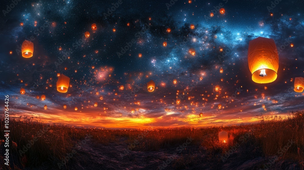 Magical night sky with floating lanterns Magical night sky with floating lanterns