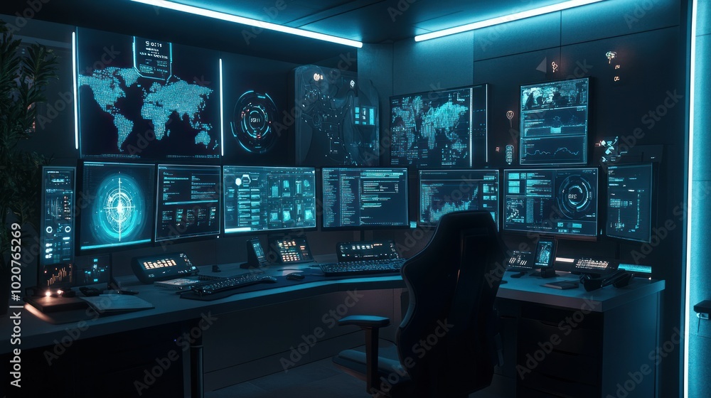Futuristic Hacker Workstation with Multiple Monitors Displaying Data and Maps Futuristic Hacker Workstation with Multiple Monitors Displaying Data and Maps
