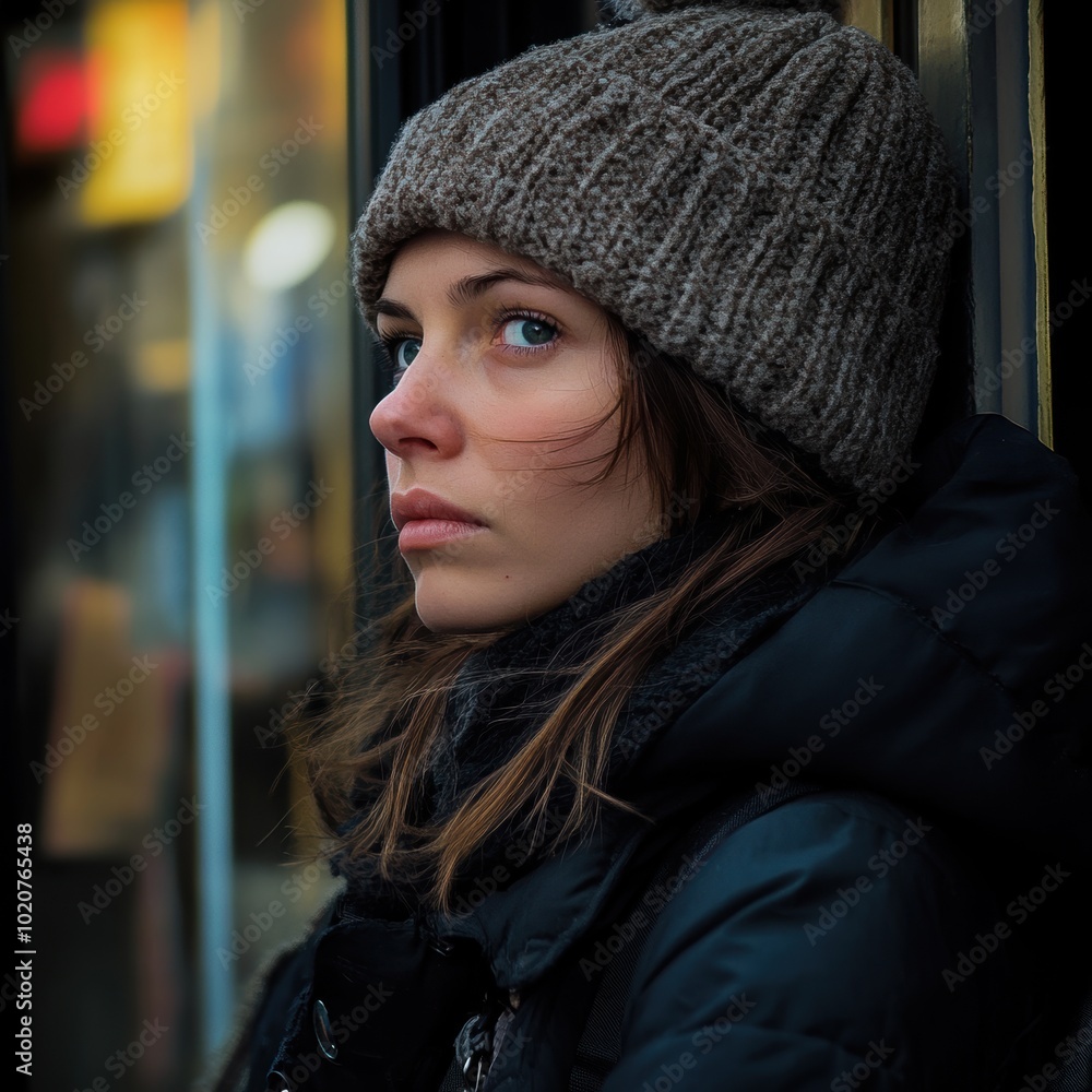 A poor homeless beggar woman in a knitted hat and black jacket looks out a window A poor homeless beggar woman in a knitted hat and black jacket looks out a window