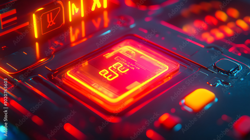 Abstract illustration of a secure contactless payment with glowing symbols. Abstract illustration of a secure contactless payment with glowing symbols.