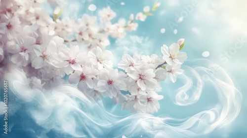 Soft Cherry Blossom Branch on Blue Background