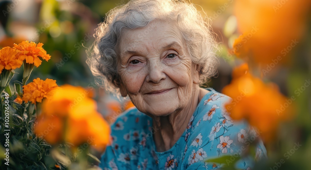 Smiling senior woman surrounded by orange flowers Smiling senior woman surrounded by orange flowers