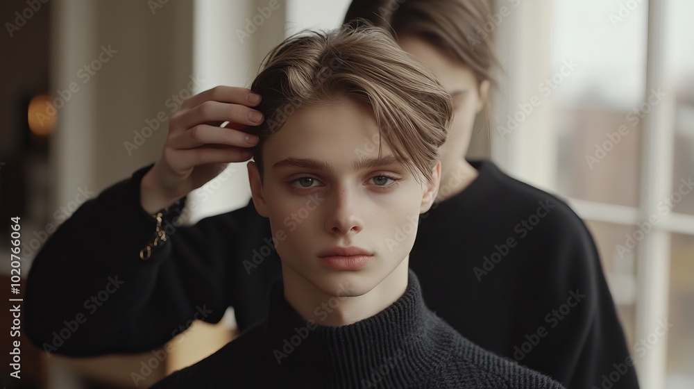 Fototapeta premium Model Preparation for a Photoshoot Behind the Scenes