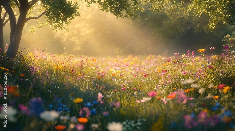 beautiful spring meadow filled with vibrant wildflowers in full bloom, with soft sunlight filtering through the trees beautiful spring meadow filled with vibrant wildflowers in full bloom, with soft sunlight filtering through the trees