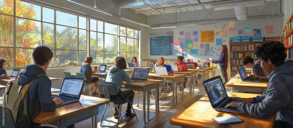 Obraz premium students studying in a modern classroom with laptops
