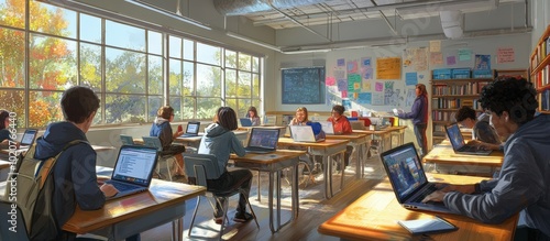 students studying in a modern classroom with laptops