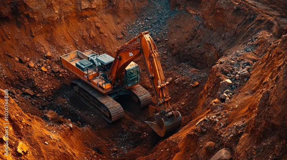 Excavator Working in a Deep Quarry with Red Earth