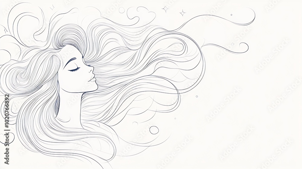Hand-Drawn Illustration of a Woman with Flowing Hair. AI Generated Hand-Drawn Illustration of a Woman with Flowing Hair. AI Generated