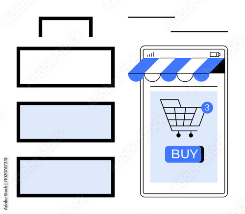 Mobile device displaying online shop with shopping cart icon and buy button. Shopping bag icon and a navigation menu also visible. Ideal for eCommerce, online shopping, mobile apps, digital