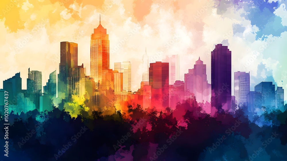 Painting of skyline, silhouetted against an old paper background with watercolor splashes Painting of skyline, silhouetted against an old paper background with watercolor splashes