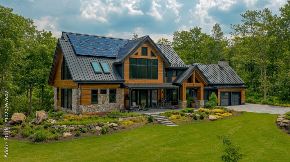 Modern Wooden House with Solar Panels and Landscaping Modern Wooden House with Solar Panels and Landscaping