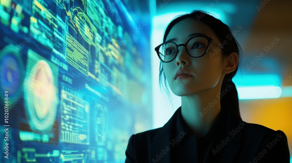 woman in glasses looking at futuristic data display woman in glasses looking at futuristic data display