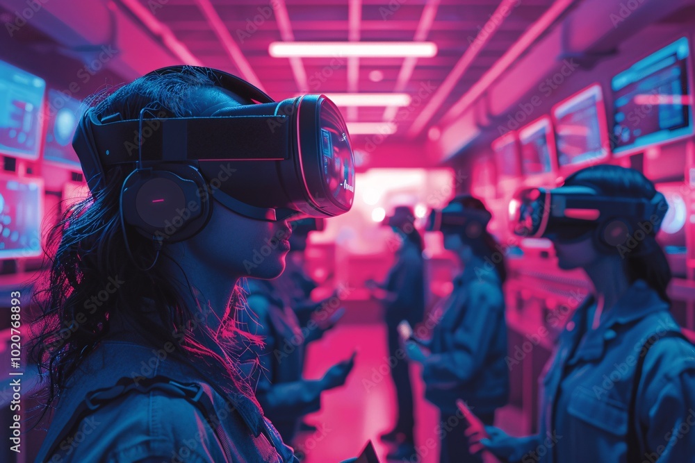 A group of several people wearing virtual reality headsets interacts with digital displays in a tech-savvy environment filled with vibrant neon lights A group of several people wearing virtual reality headsets interacts with digital displays in a tech-savvy environment filled with vibrant neon lights