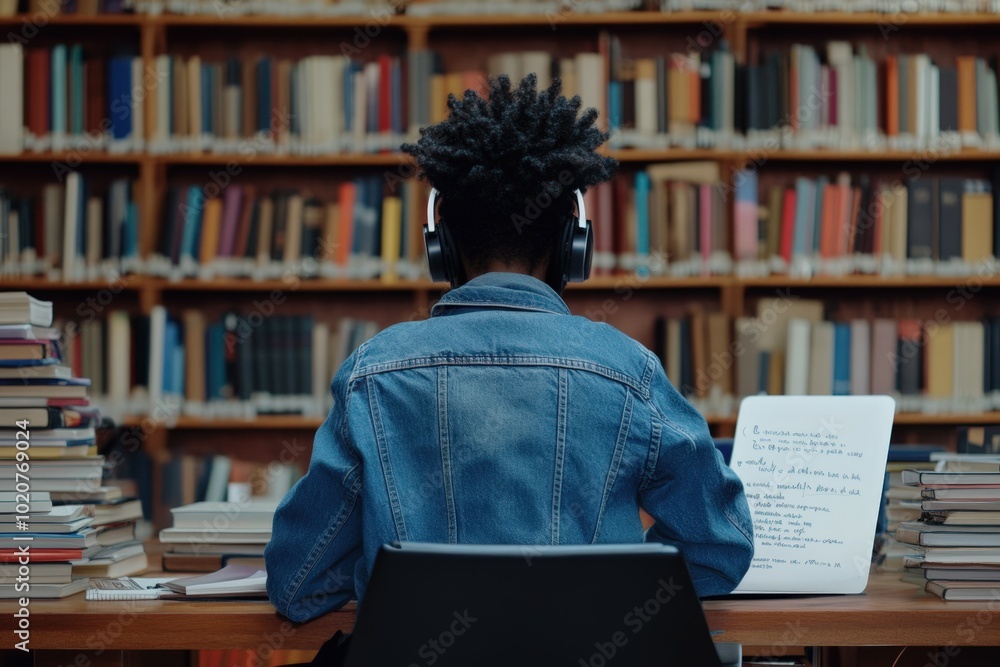 student studying in library with headphones student studying in library with headphones
