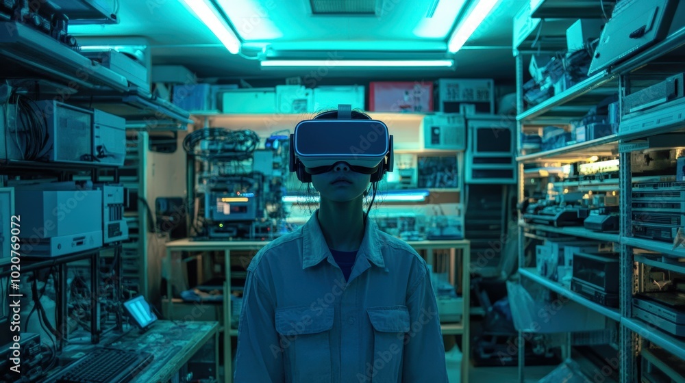 person using virtual reality headset in technology workshop person using virtual reality headset in technology workshop