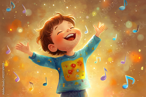 happy cute kid boy dance with music, illustration