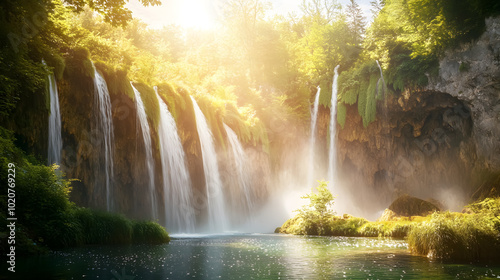 Exotic Waterfall and Lake Landscape of Plitvice Lakes National Park: A stunning view of the waterfalls and lakes in Plitvice Lakes National Park, Croatia, known for its cascading waters and lush 