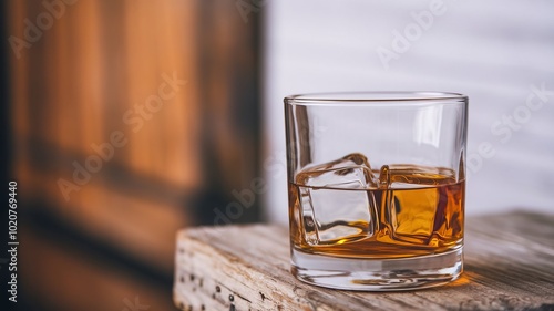 Whiskey with ice in glass on rustic wooden table photo