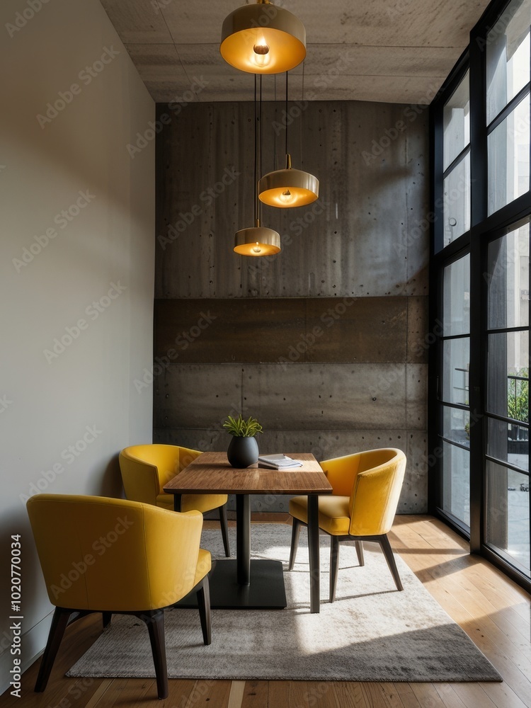 A modern working space with a marble table and yellow chairs A modern working space with a marble table and yellow chairs