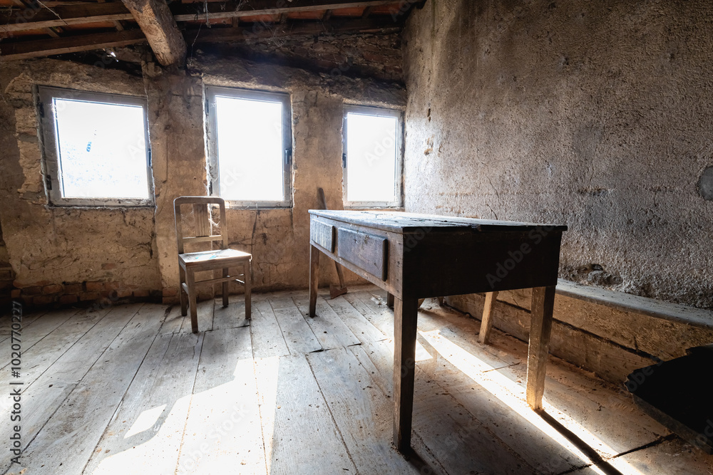interior of an old abandoned stone house