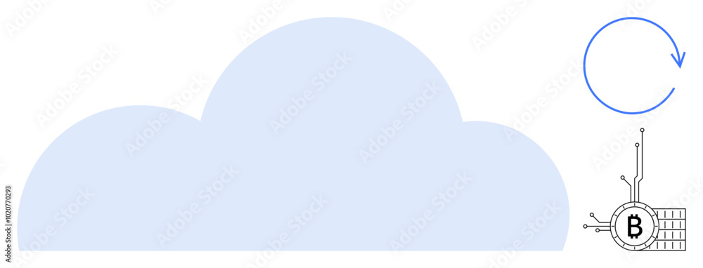A large blue cloud with a digital Bitcoin symbol on a microchip to the lower right and a circular arrow above it. Ideal for tech, finance, innovation, cloud computing, and cryptocurrencies. Simple A large blue cloud with a digital Bitcoin symbol on a microchip to the lower right and a circular arrow above it. Ideal for tech, finance, innovation, cloud computing, and cryptocurrencies. Simple