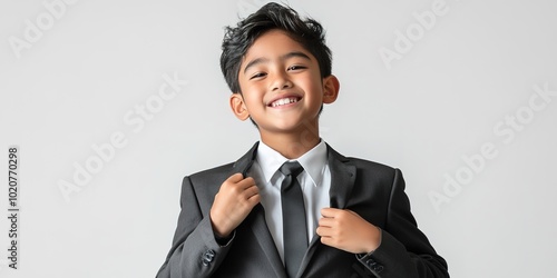 Smiling boy in a suit with a confident pose