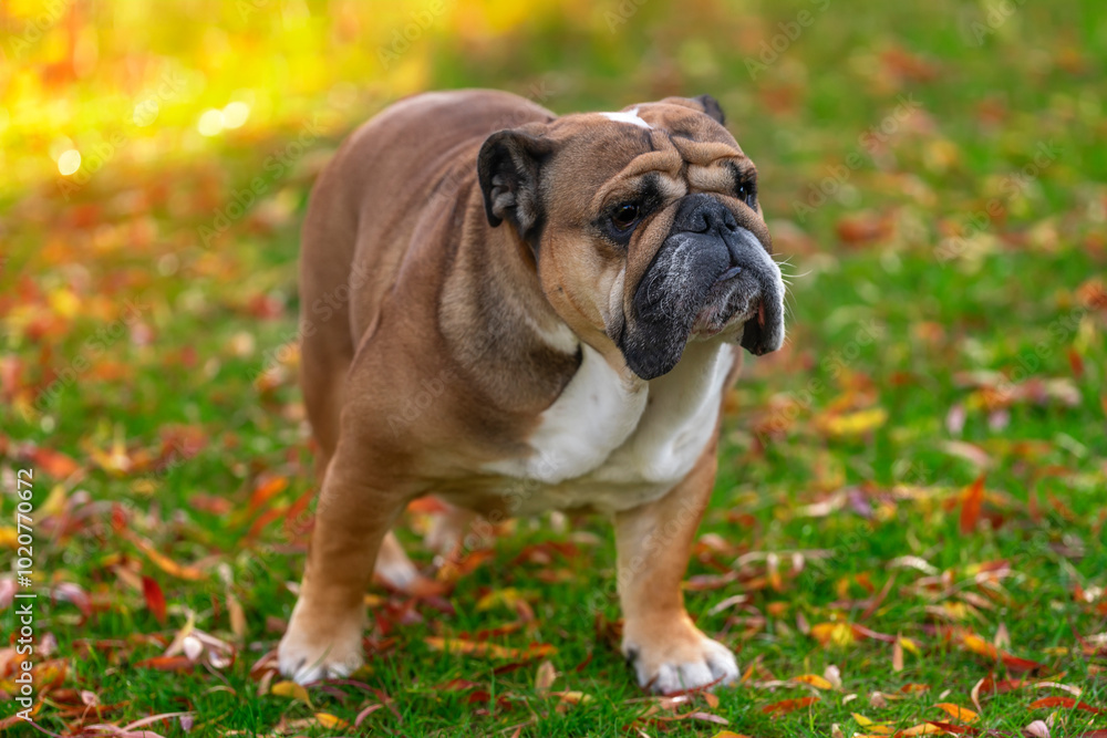 A playful bulldog enjoying a vibrant autumn day surrounded by colorful fallen leaves in a sunny park A playful bulldog enjoying a vibrant autumn day surrounded by colorful fallen leaves in a sunny park