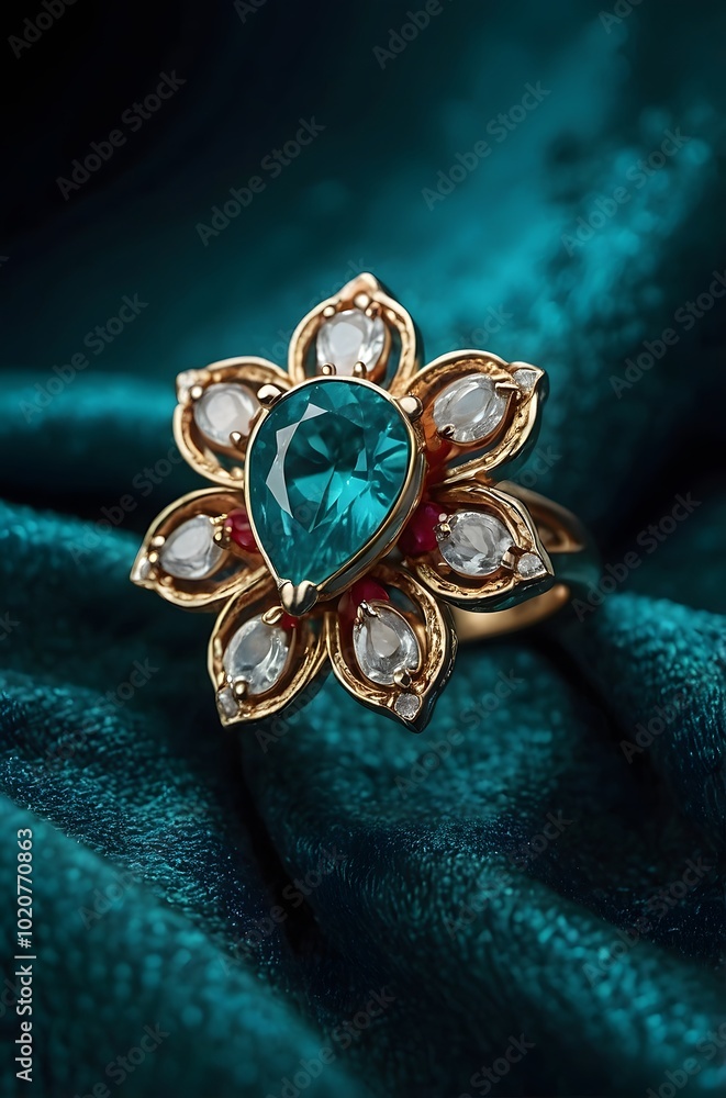 A photograph of a ring with excellent little pear cut rubys in shape of flower, ultra realistic, ultra detailed, professional photography focused on the ring , on a rich turquoise velvet fabric A photograph of a ring with excellent little pear cut rubys in shape of flower, ultra realistic, ultra detailed, professional photography focused on the ring , on a rich turquoise velvet fabric