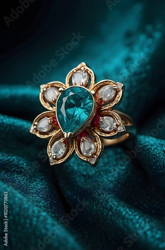 A photograph of a ring with excellent little pear cut rubys in shape of flower, ultra realistic, ultra detailed, professional photography focused on the ring , on a rich turquoise velvet fabric