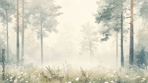 Serene Misty Forest Landscape with Wildflowers