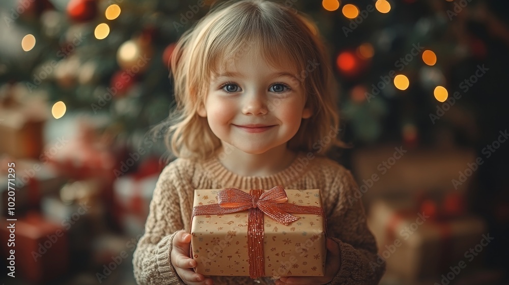 Cheerful child holding a wrapped Christmas gift in front of a festive tree filled with lights Cheerful child holding a wrapped Christmas gift in front of a festive tree filled with lights
