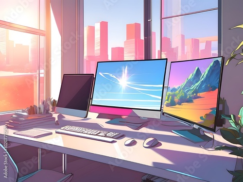 Modern Workspace with Three Monitors in Sunlit Office