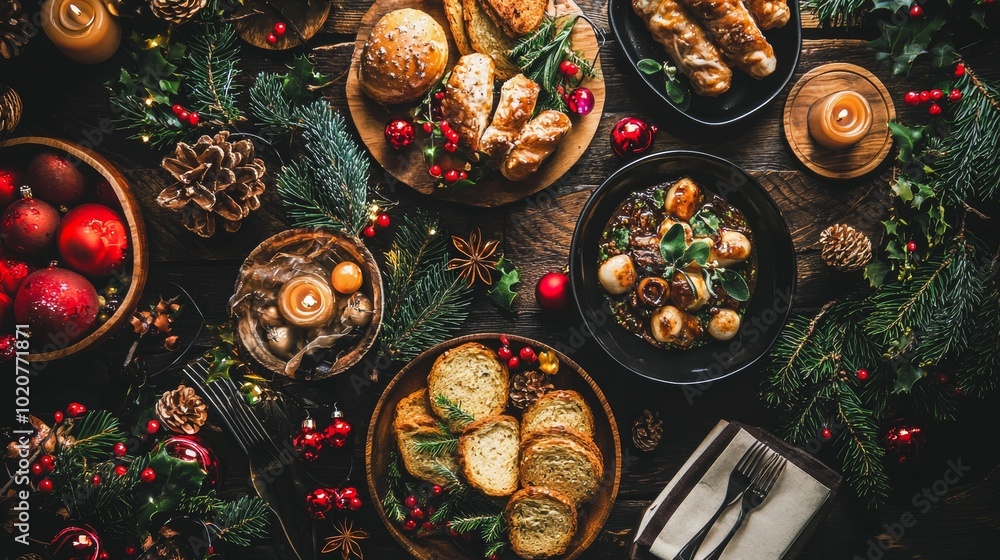 Fototapeta premium Festive Christmas dinner table with bread, rolls, and ornaments