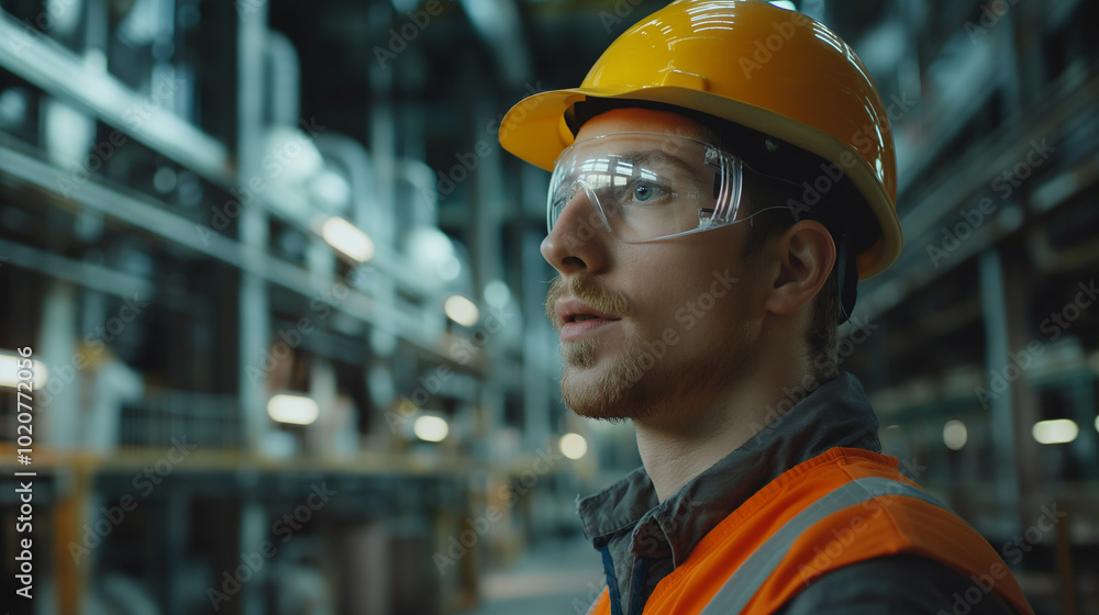 portrait of an engineer wearing safety gear working in a power plant, industry worker portrait of an engineer wearing safety gear working in a power plant, industry worker