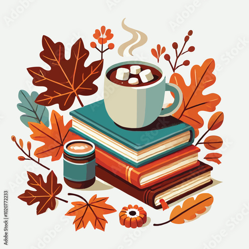 A cozy cup of autumn hot chocolate, a stack of books, and autumn leaves