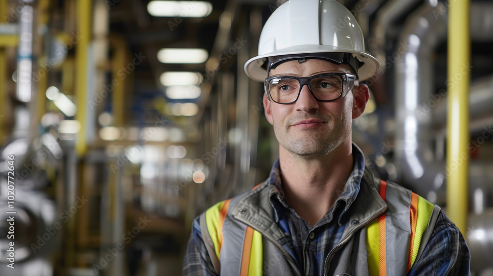 portrait of an engineer wearing safety gear working in a power plant, industry worker portrait of an engineer wearing safety gear working in a power plant, industry worker