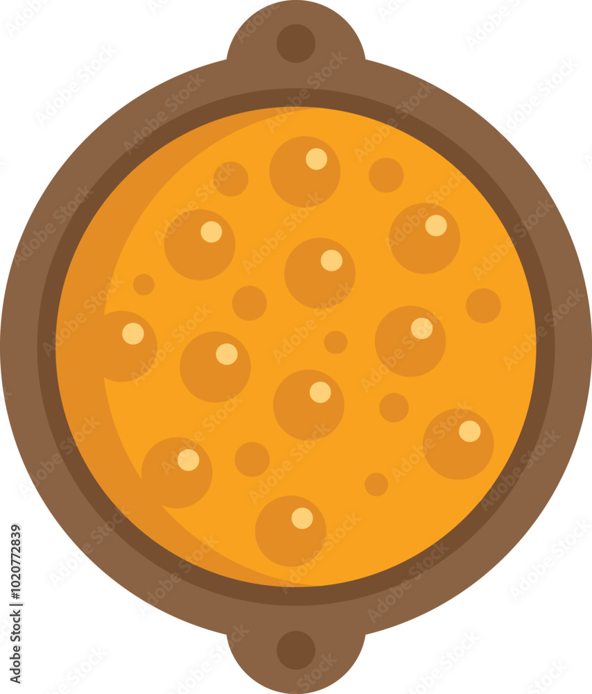 Round baking pan with bubbling cheese pizza baking in oven, view from above