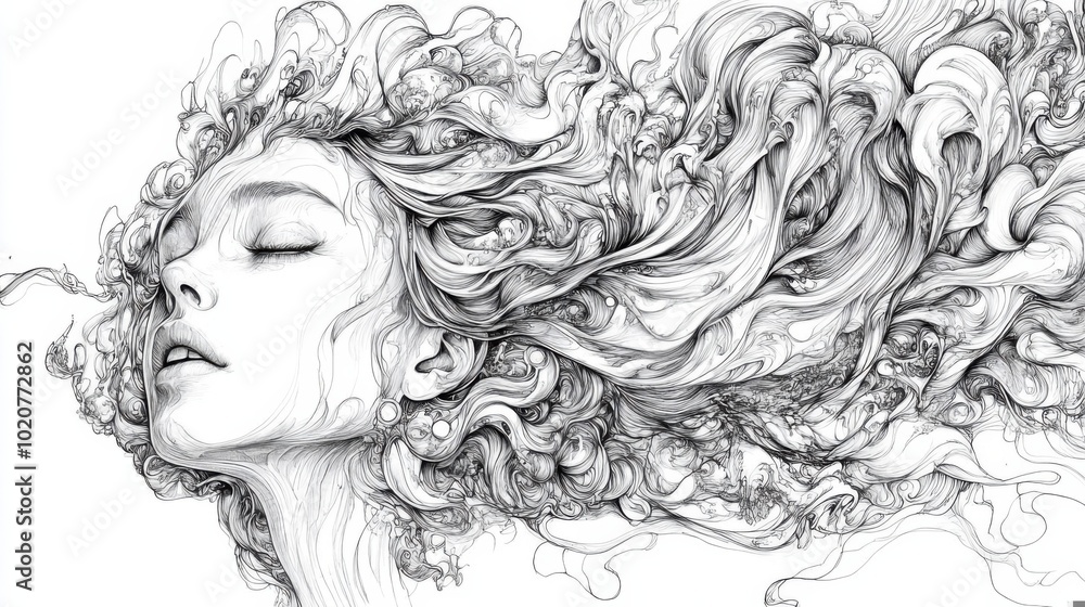 Fototapeta premium Captivating Black and White Illustration of a Woman with Flowing Hair and Emotional Depth