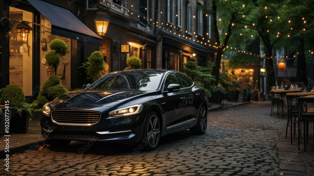 Fototapeta premium A car parked in a cobblestone street next to an outdoor restaurant with string lights.