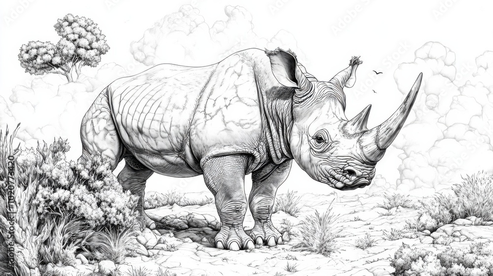 Fototapeta premium Monochrome Drawing of a Majestic Rhino in Its Natural Habitat